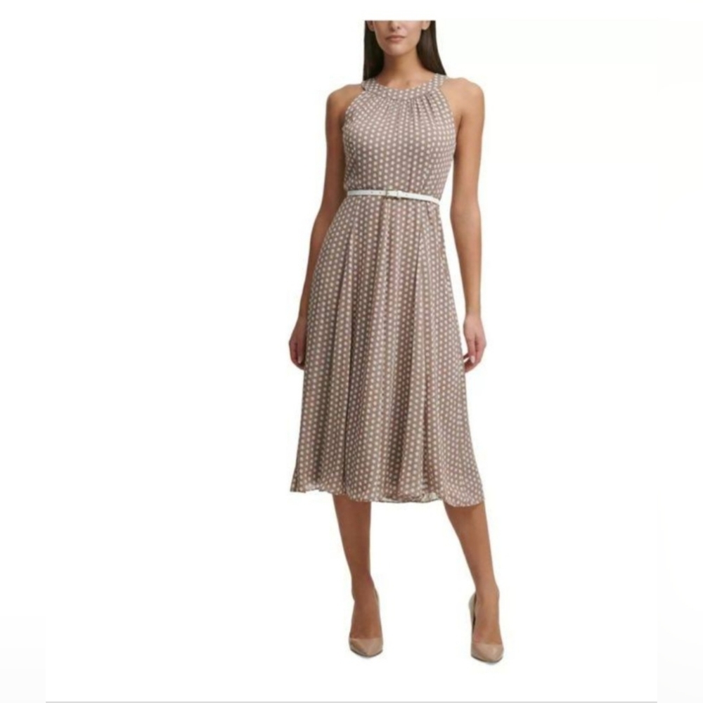 TOMMY HILFIGER Womens Tan Belted Lined Sleeveless Midi Fit + Flare Dress-6